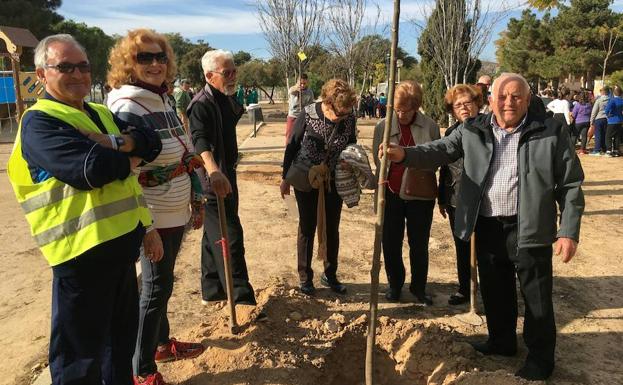 Los representes del centro de mayores enderezan el árbol que llevará su nombre. /Ayto.