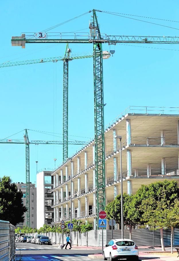 Grúas en nuevas construcciones que se están levantando en Murcia, en Juan de Borbón./Nacho García / AGM