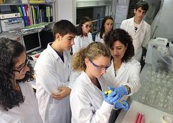 Una de las investigadoras del Cebas enseña a los alumnos varios experimentos científicos en un laboratorio. :: V. Vicéns/AGM/