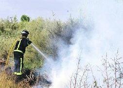 Un bombero extinguiendo un fuego, ayer, en Monteagudo. :: V. Vicens / AGM/