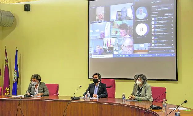 Beatriz Miguel, right, at the Social Council.  On the screen, top left, Galdón. 