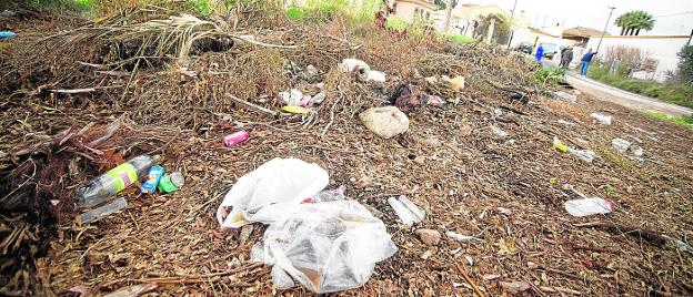 Remains of garbage generated by the bottles in the vicinity of the houses located in the Polos lane, in La Albatalía. 