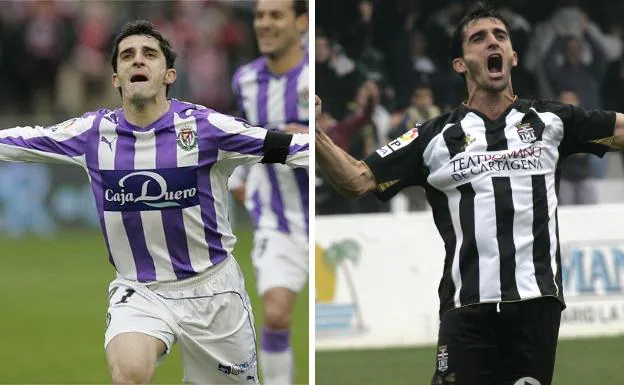Víctor Fernández celebrating a goal with Efesé at the Cartagonova and doing the same at Zorrilla with the Valladolid shirt. 