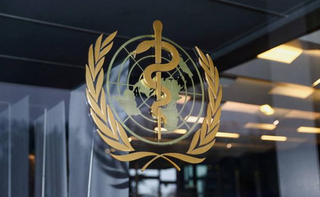 WHO logo at its headquarters in Geneva.