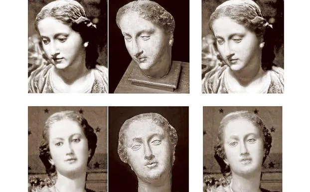 Study carried out by Ballester: on the left, the images that are preserved of the Immaculate Conception of Salzillo, destroyed in 1931. In the center, three images of the cast made by Carmen Sánchez, a copy of the original image of Salzillo.  On the right, the overlay in photoshop of the images, which coincide.