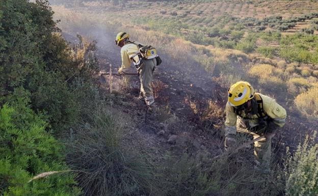 Two firefighters work in the extinction of the fire declared this Thursday in Caravaca.