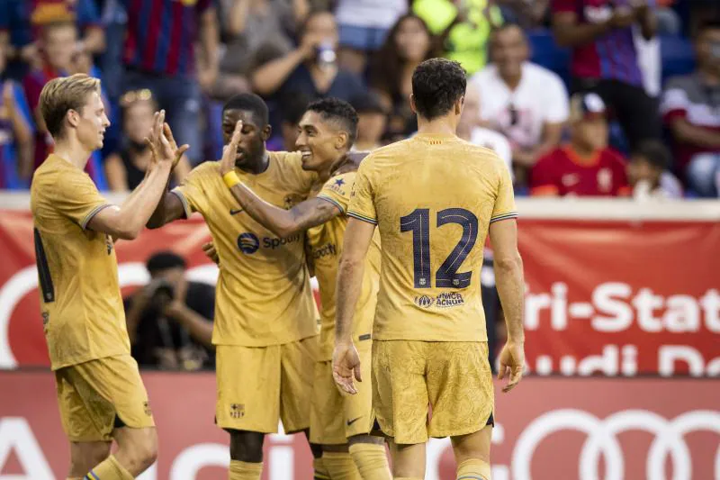 The Catalans celebrate Dembelé's goal against New York Red Bulls in their last friendly of the American tour.