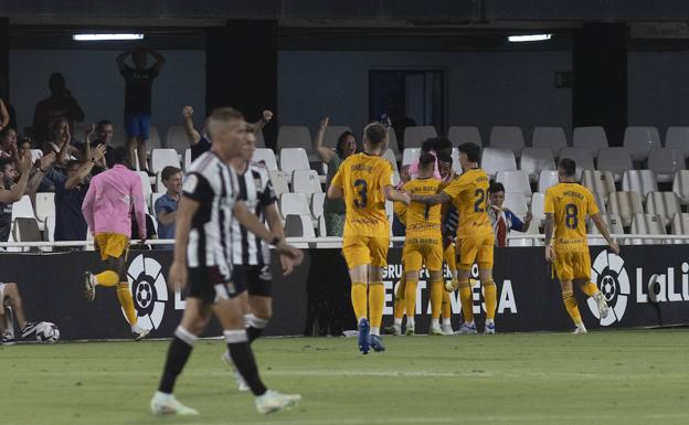 Ponferradina players celebrate one of the goals.