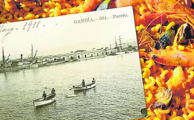 Fideuá and postcard of the port of Gandía.