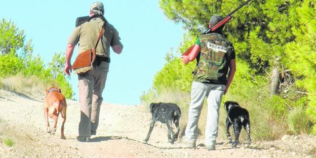 Two hunters return with their dogs from partridge hunting in the port of La Cadena in Murcia.